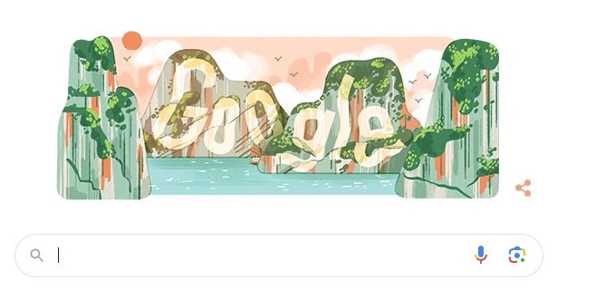 Google đã đặt hình ảnh biểu tượng tạm thời (Doodle) trên trang chủ là bức tranh minh họa sống động về cảnh Vịnh Hạ Long.
