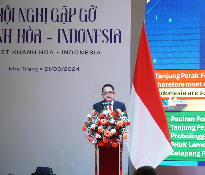 Bộ trưởng Bộ Hàng hải và Nghề cá Indonesia- ông Sakti Wahyu Trenggono phát biểu quan điểm tin tường hợp tác phát triển với Khánh Hòa 