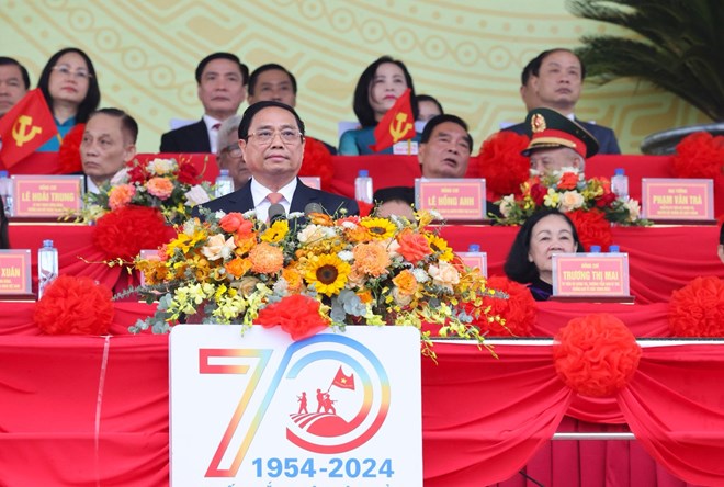 Ủy viên Bộ Chính trị, Thủ tướng Chính phủ Phạm Minh Chính trình bày diễn văn tại Lễ kỷ niệm 70 năm Chiến thắng Điện Biên Phủ (1954-2024). Ảnh: VGP/Nhật Bắc