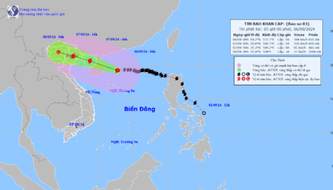Dự báo đường đi của bão số 3. Ảnh: Trung tâm Dự báo Khí tượng Thủy văn Quốc gia Việt Nam