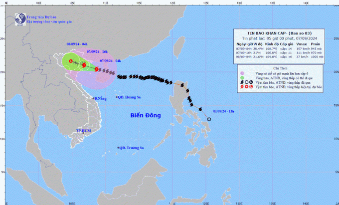   Đêm ngày 6/9/2024, bão số 3 đã đi vào Vịnh Bắc Bộ, ảnh hưởng đến các tỉnh Bắc Bộ gây gió mạnh, mưa lớn, nguy cơ cao xảy ra ngập lụt tại các đô thị, vùng thấp trũng, sạt lở đất, lũ quét ở trung du và miền núi.  