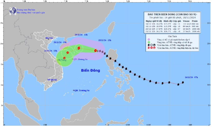 Hướng di chuyển của bão số 9 lúc 13h ngày 18/11. (Ảnh: TTXVN phát)