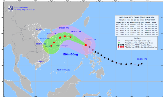 Vị trí và đường đi của bão Man-yi. (Nguồn: Trung tâm Dự báo Khí tượng Thủy văn Quốc gia)