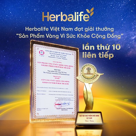 Đây là lần thứ 10 liên tiếp Herbalife Việt Nam vinh dự được nhận giải thưởng “Sản Phẩm Vàng Vì Sức Khỏe Cộng Đồng”.