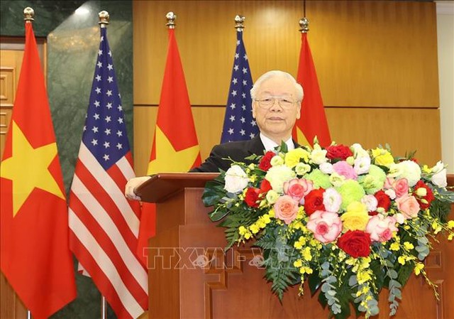 Tổng Bí thư Nguyễn Phú Trọng cho biết, hai bên thống nhất cho rằng, quan hệ Việt Nam-Hoa Kỳ đã có những bước phát triển mạnh mẽ, sâu sắc, thực chất, hiệu quả, kể từ khi bình thường hóa quan hệ và sau khi xác lập quan hệ Đối tác Toàn diện