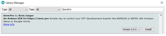 Hình 4:Thêm thư viện Sinric.pro cho phần mềm nạp code esp8266