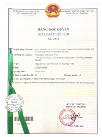 Bằng độc quyền giải pháp hữu ích số 2319 cấp ngày 7/5/2020