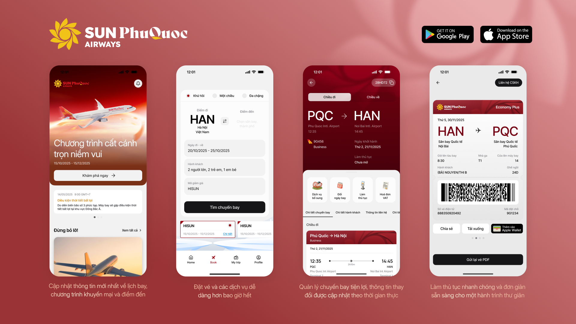 Giao diện ứng dụng Sun PhuQuoc Airways