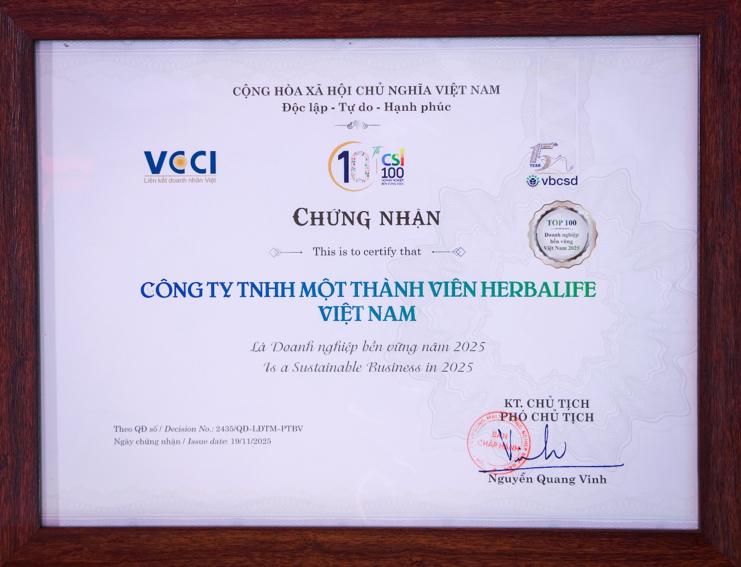 Herbalife Việt Nam được Liên đoàn Thương mại và Công nghiệp Việt Nam vinh danh Top 100 Doanh Nghiệp Bền Vững Việt Nam 2025