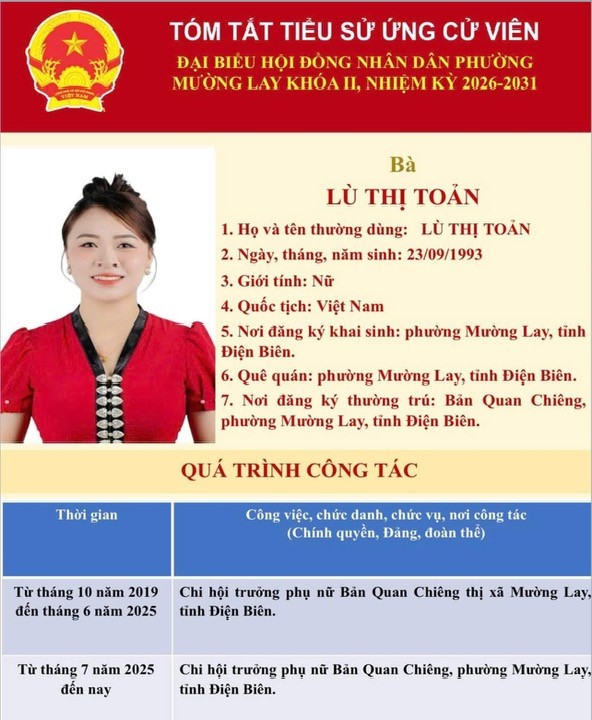 Chị Lù Thị Toản ứng cử đại biểu HDDND Phường Mương Lay Khóa II, Nhiệm kỳ 2026-2031 tại Đơn vị bầu cử số 02 gồm: Bản Nậm Cản, bản Quan Chiêng, bản Na Nát, bản Đán, bản Hốc, bản Na Ka, bản Hô Nậm Cản, bản Hô Huổi Luông; Tổ dân phố 1, tổ dân phố 2, tổ dân phố 4, tổ dân phố 5, tổ dân phố 6.