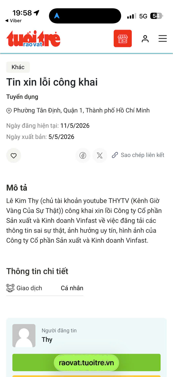 Ảnh chụp nội dung xin lỗi của Lê Kim Thy trên báo và kênh cá nhân.