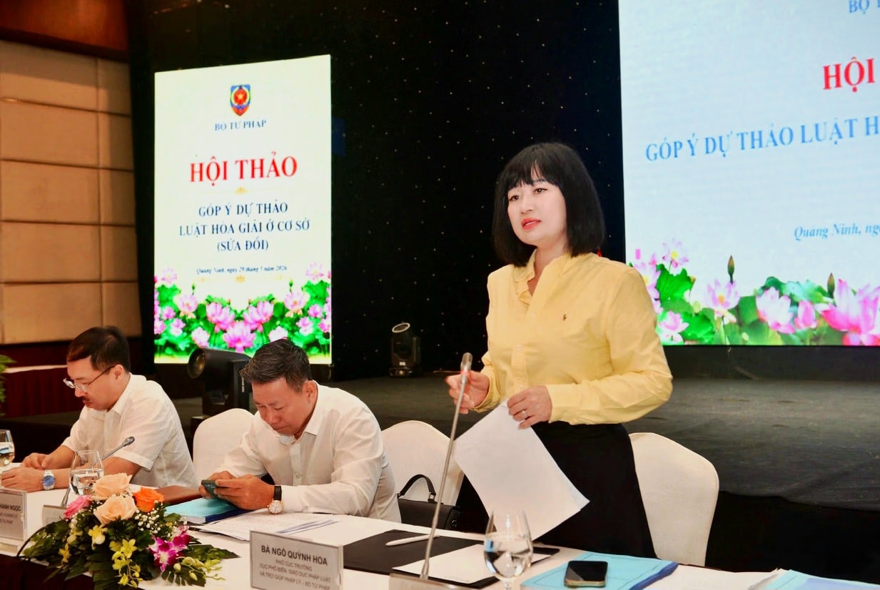 Bà Ngô Quỳnh hoa, Phó Cục trưởng Cục Phổ biến, giáo dục pháp luật và Trợ giúp pháp lý, Bộ Tư pháp phát biểu tại hội thảo. Ảnh: Đức Dương