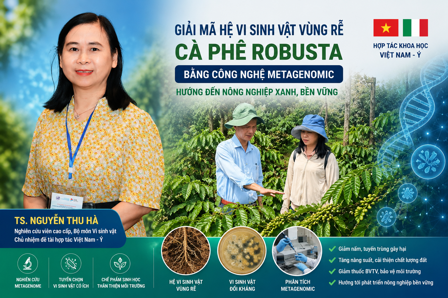 Hệ vi sinh vật vùng rễ cây cà phê Robusta tại các vùng trồng trọng điểm của Việt Nam được nghiên cứu bằng công nghệ metagenomic hiện đại trong khuôn khổ đề tài hợp tác giữa Việt Nam và Ý