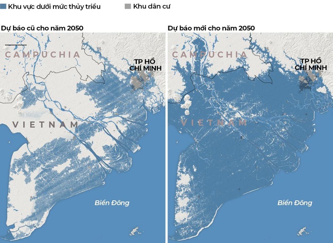 Bản so sánh kết quả nghiên cứu cũ và nghiên cứu mới công bố về ảnh hưởng của nước biển dâng đối với miền Nam Việt Nam. Đồ họa: New York Times.