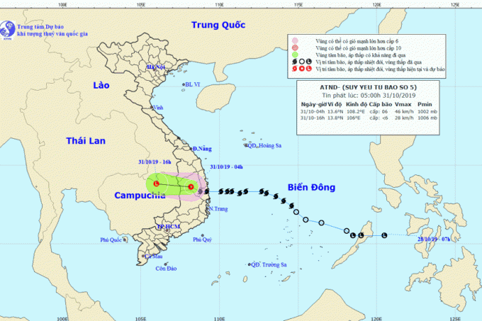 Vị trí và đường đi của bão số 5 suy yếu thành áp thấp nhiệt đới.