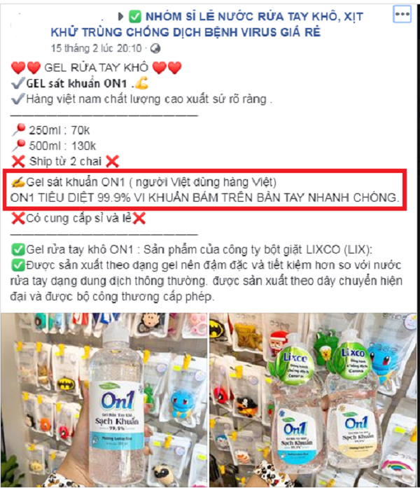   Sản phẩm Gel rửa tay khô On1 được bán trên mạng xã hội facebook.   