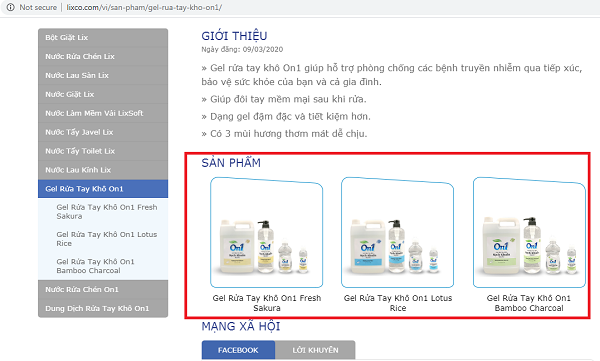    Mặc dù nội dung quảng cáo chưa được cơ quan chức năng phê duyệt, nhưng Sản phẩm Gel rửa tay khô On1 đã được đăng tải, giới thiệu trên Website của CTy CP Bột giặt Lix.  