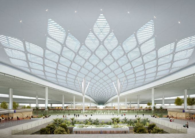 Khu vực bên trong sảnh làm thủ tục sân bay. Công trình nhà ga hành khách được thiết kế xây dựng và áp dụng các công nghệ hiện đại nhất trong lĩnh vực hàng không.