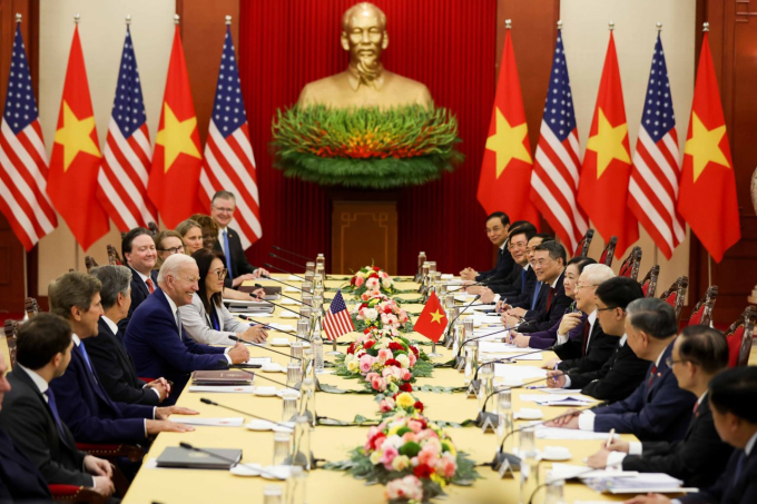 Tổng Bí thư Nguyễn Phú Trọng và Tổng thống Mỹ Joe Biden tiến hành hội đàm tại Trụ sở Trung ương Đảng ngày 10/9. Ảnh: Pool/BNG