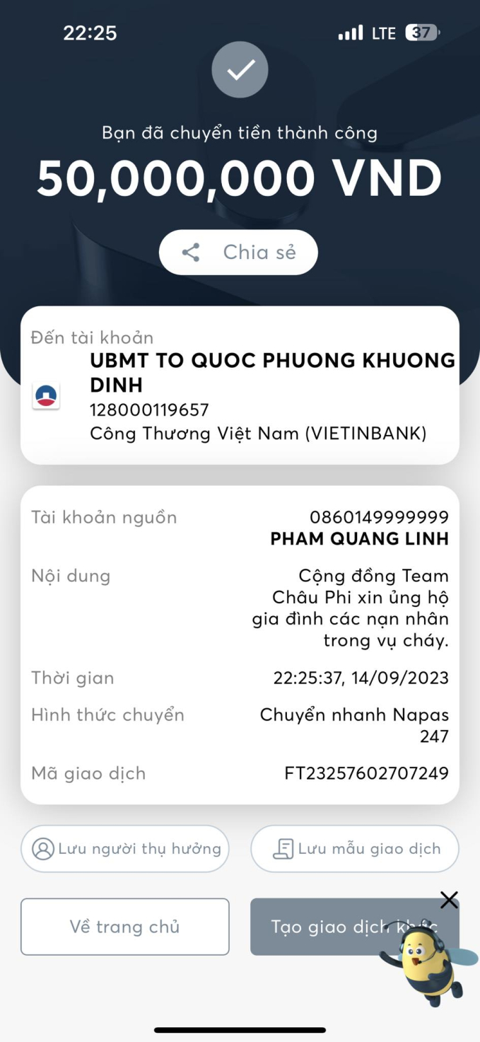 Quang Linh Vlog ủng hộ 50 triệu đồng cho nạn nhân vụ cháy chung cư mini