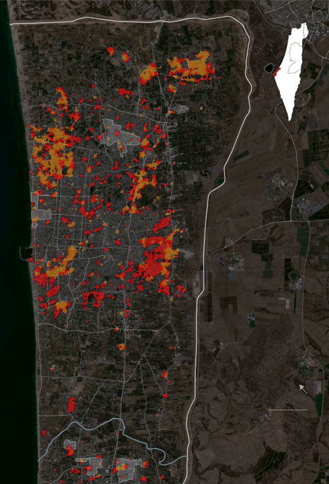 Thiệt hại lan rộng ở phía Bắc Gaza. Điểm màu đỏ là hiển thị thiệt hại từ 17/10, điểm màu vàng hiển thị thiệt hại trước đó. Ảnh: NYT 