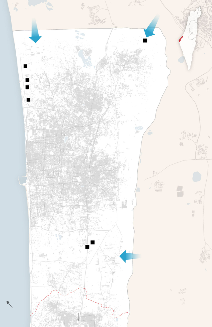 Các hướng quân đội Israel tiến vào Gaza. Nguồn: New York Times