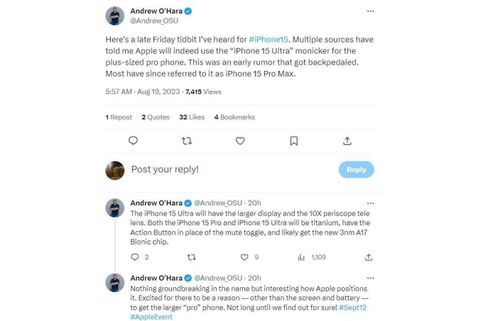 Thông tin về iPhone 15 Ultra được Andrew O’Hara chia sẻ trên Twitter cá nhân (Ảnh: Phone Arena)