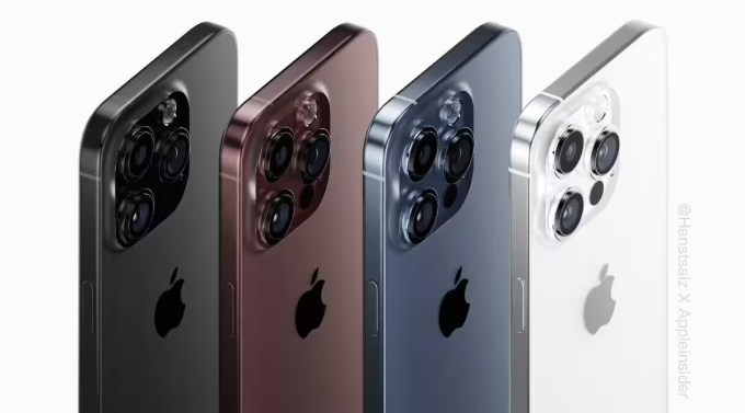 Bản dựng iPhone 15 Pro với 4 phiên bản màu sắc trắng, xanh, đỏ và xám titan.