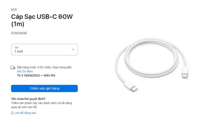 Mức giá mua cáp sạc chính hãng của iPhone 15 chỉ khoảng một nửa so với bộ chuyển đổi Lightning sang USB-C