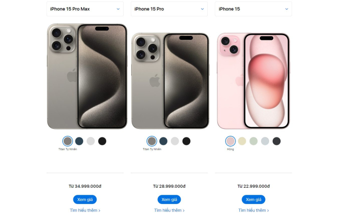   Mức giá iPhone 15 được niêm yết trên Apple Store Online Việt Nam  
