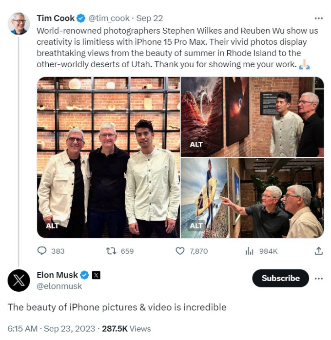 Elon Musk khen ảnh và video trên iPhone 15 dưới bài đăng của CEO Apple