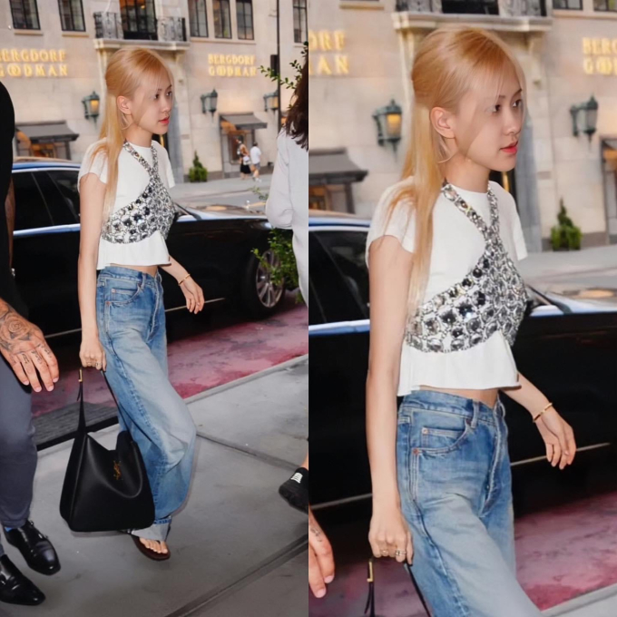               Combo thường thấy Rosé diện với dép xỏ ngón không thể không nhắc đến quần jeans và áo crop top. Nữ idol thường lựa chọn những mẫu áo tông màu tối giản mix cùng quần jeans sáng màu, khoe trọn đôi chân dài miên man cùng vòng eo 