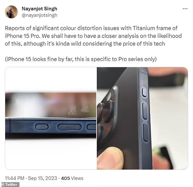 Người dùng chia sẻ về việc khung titan trên iPhone 15 Pro bị đổi màu, dòng thường với khung kim loại vẫn bình thường