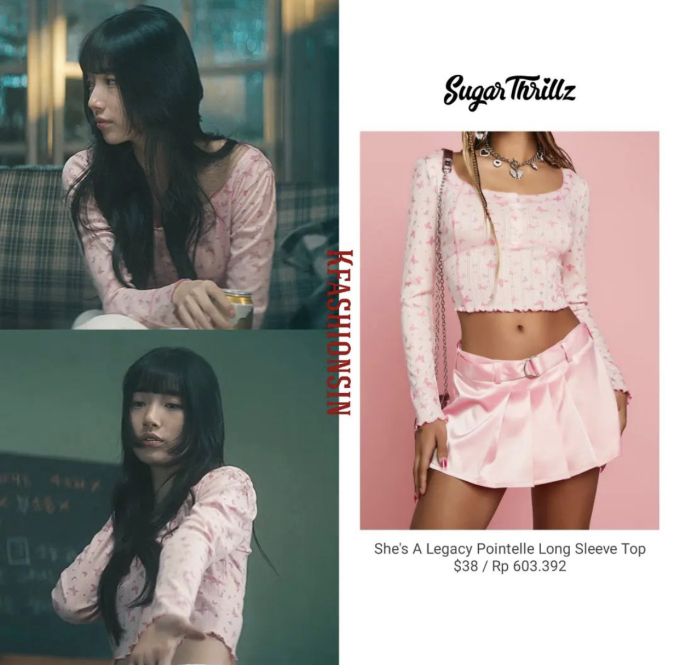 Đầu tiên là mẫu áo croptop màu hồng cực điệu giúp Suzy khoe eo thon khi hóa thân thành nữ idol Kpop Doona. Chiếc áo croptop này có giá 38 USD (~887.000VNĐ) đã giúp Suzy trông ngọt ngào, trẻ trung hơn.