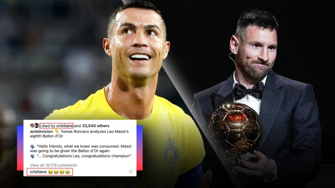 Ronaldo để bình luận mặt cười vào bài đăng mỉa mai Messi không xứng giành Quả bóng vàng 2023