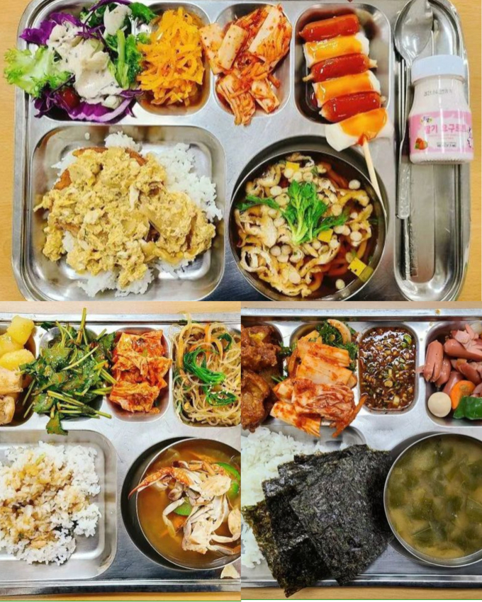“Tôi học ở Hàn Quốc và đây là bữa trưa ở trường bọn tôi: mì udon, cơm trứng xào thịt và các món ăn kèm khác”