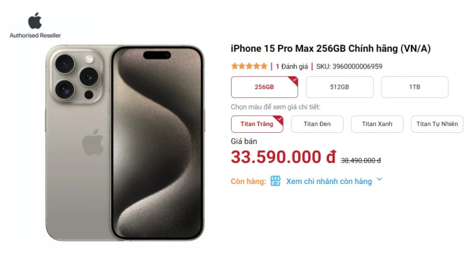 Giá iPhone 15 Pro Max bản thấp nhất có giảm hơn 5 triệu đồng tại hệ thống Di Động Việt 