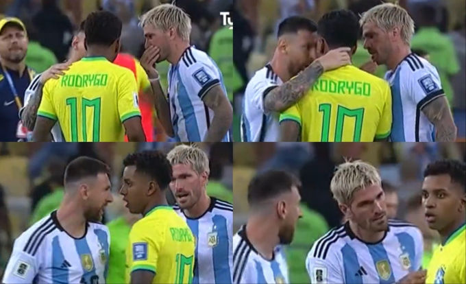 Messi có lời qua tiếng lại với Rodrygo. Messi dùng tay nắm cổ người đàn em sau khi bị chê 