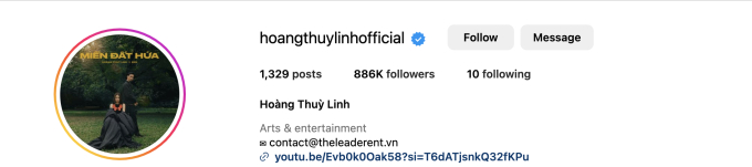 Tài khoản Instagram của Hoàng Thuỳ Linh cũng đã 886.000 nghìn người follow.