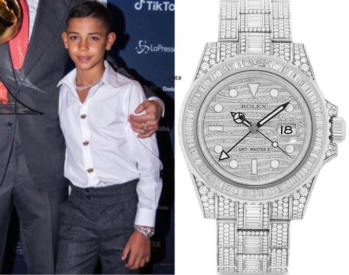 Chiếc đồng hồ Rolex bằng vàng trắng 18k đính 79 viên kim cương cắt baguette nặng gần 30 cara, khả năng dự trữ năng lượng trong 50 giờ và chống nước ở độ sâu 100 m. (Ảnh: Instagram Cristiano)
