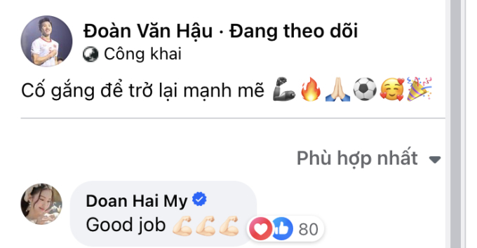 Doãn Hải My động viên Văn Hậu (Ảnh: FBNV)