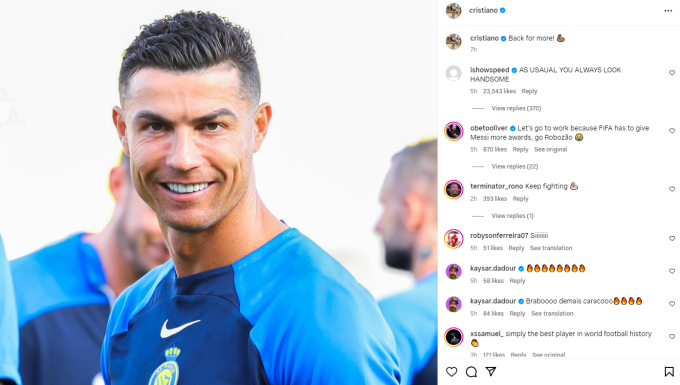 Động thái đầu tiên trên trang cá nhân của Ronaldo sau khi Messi giành FIFA The Best 2023