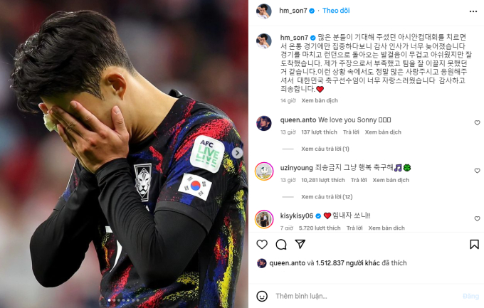 Chia sẻ xúc động của Son Heung-min trên trang cá nhân nhận về hơn 1,5 triệu lượt thả tim