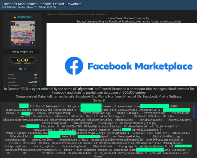 Thành viên IntelBroker chia sẻ 200.000 tài khoản Facebook Marketplace trên một diễn đàn hack
