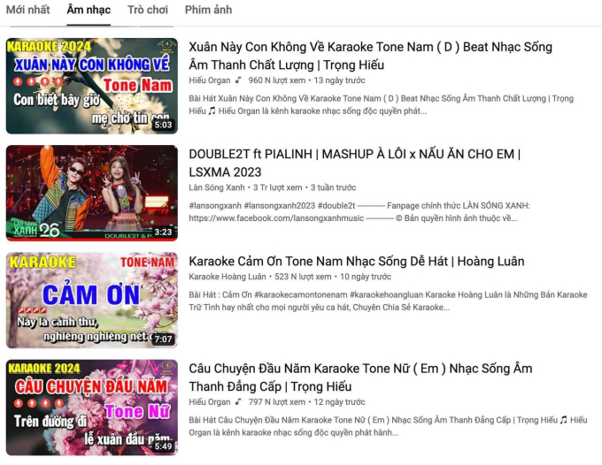 BXH Thịnh hành về âm nhạc trên YouTube chiếm sóng bởi những video karaoke