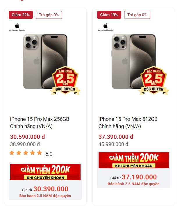 Trên hệ thống Di Động Việt, giá iPhone 15 Pro Max chỉ còn 30,59 triệu đồng