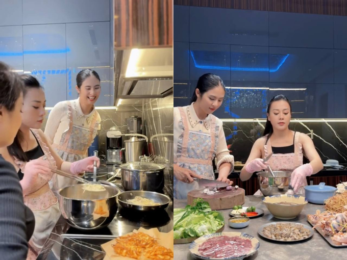 Phương Oanh có hai người bạn vừa đến hỗ trợ vừa học nấu nướng, một trong số đó là Hoa hậu Ngọc Hân. (Ảnh: @dophuongoanh89)