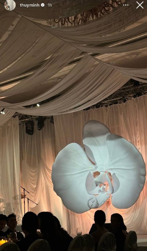 Chính giữa sân khấu được trang trí một backdrop đơn giản , với màu trắng tinh khôi và khiến nhiều người liên tưởng đến cánh hoa lan hồ điệp