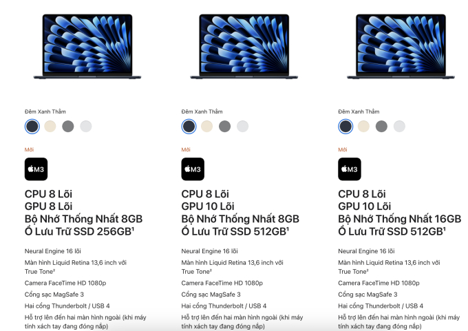 Người dùng có bốn lựa chọn màu sắc với Macbook Air bao gồm xanh đen, bạc, xám và vàng nhạt. Giá bán của MacBook Air 13 inch M3 từ 28 triệu đồng trong khi bản 15 inch là từ 33 triệu đồng tại Apple Store Online.