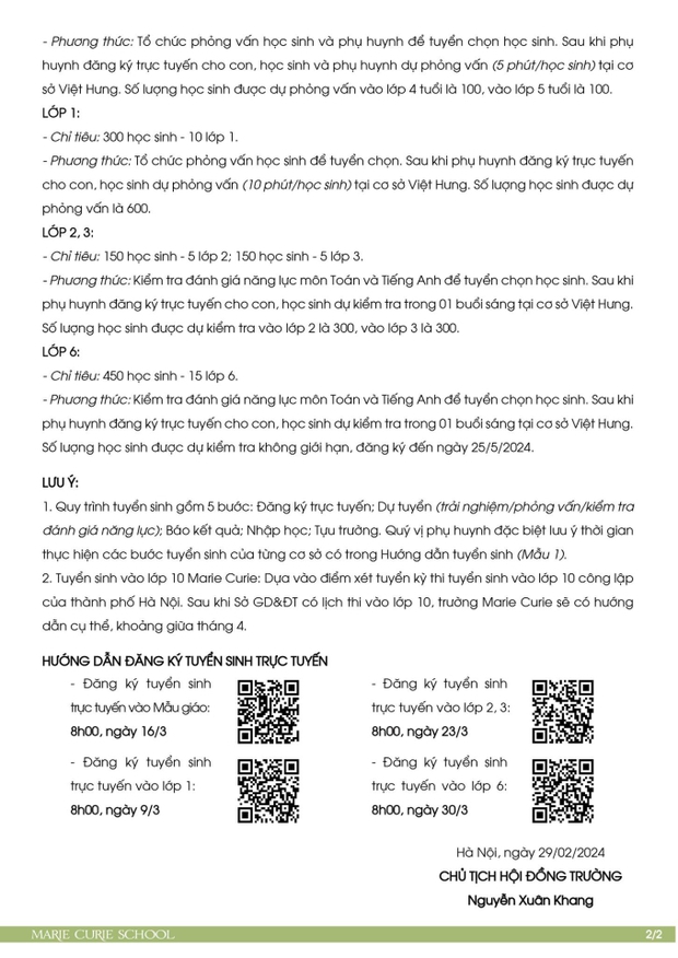 Thông báo tuyển sinh năm học 2024-2025 của trường Marie Curie